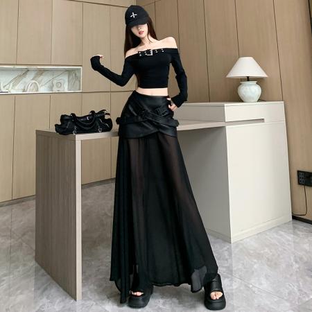 FA55121# 皮裙修身显瘦设计感网纱拼接皮包臀裙韩版皱褶百搭长裙鱼尾裙 服裝批發女裝批發服飾貨源