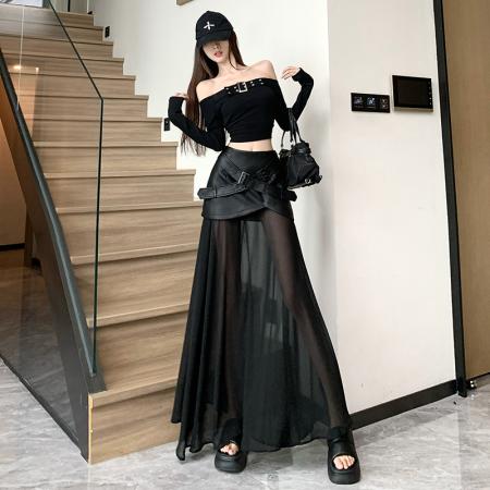 FA55121# 皮裙修身显瘦设计感网纱拼接皮包臀裙韩版皱褶百搭长裙鱼尾裙 服裝批發女裝批發服飾貨源