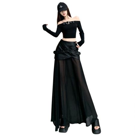 FA55121# 皮裙修身显瘦设计感网纱拼接皮包臀裙韩版皱褶百搭长裙鱼尾裙 服裝批發女裝批發服飾貨源