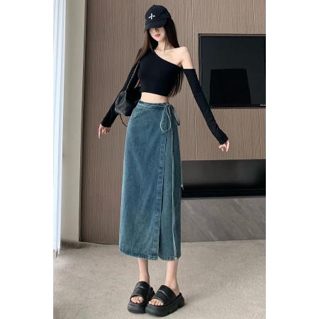 FA55123# 系带开叉牛仔半身裙女夏季新款时尚气质收腰今年流行爆款半裙 服裝批發女裝批發服飾貨源