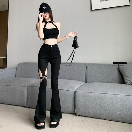 FA55126# 黑色微喇西装裤子春夏季薄款性感镂空高腰设计感破洞休闲拖地长裤 服裝批發女裝批發服飾貨源