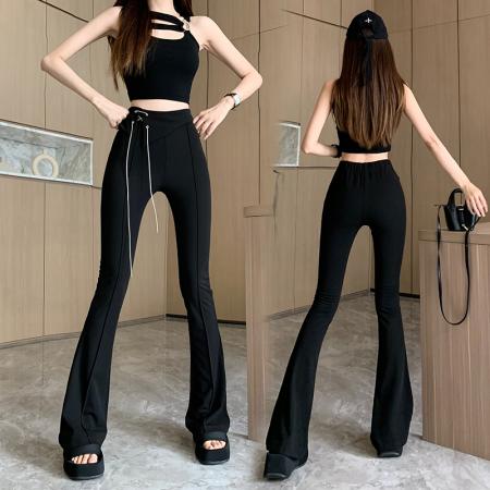 FA55127# 黑色微喇西装裤女夏款修身显瘦设计感链条翻边高腰休闲拖地马蹄裤 服裝批發女裝批發服飾貨源