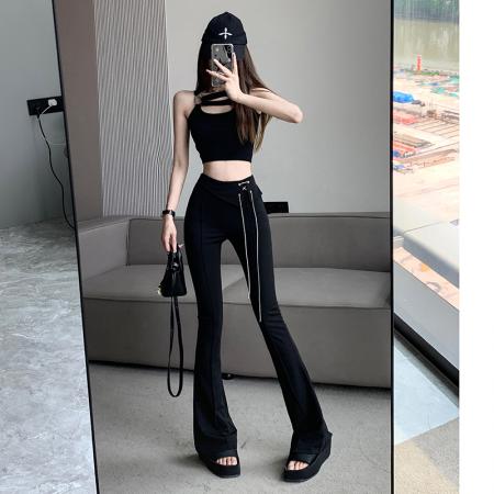 FA55127# 黑色微喇西装裤女夏款修身显瘦设计感链条翻边高腰休闲拖地马蹄裤 服裝批發女裝批發服飾貨源