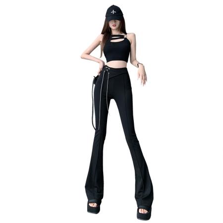 FA55127# 黑色微喇西装裤女夏款修身显瘦设计感链条翻边高腰休闲拖地马蹄裤 服裝批發女裝批發服飾貨源