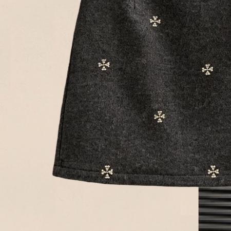 FA55128# 韩版灰色刺绣毛呢半身裙女秋冬季新款小个子高腰显瘦a字包臀短裙 服裝批發女裝批發服飾貨源