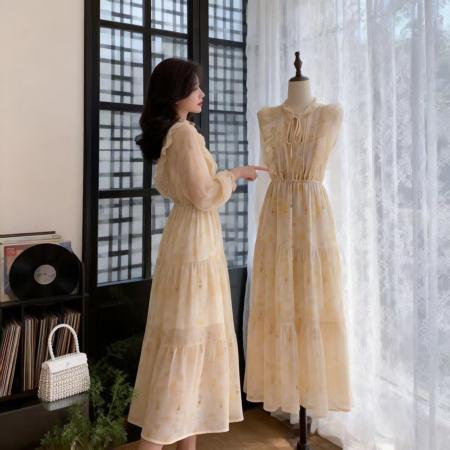 FA55129# 荷叶边碎花长裙女休闲设计感边泡泡袖连衣裙 服裝批發女裝批發服飾貨源