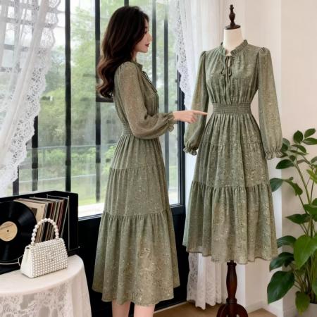 FA55130# 秋法式复古甜美荷叶领连衣裙灯笼袖松紧腰显瘦印花裙雪纺裙 服裝批發女裝批發服飾貨源