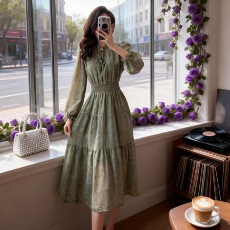 FA55130# 秋法式复古甜美荷叶领连衣裙灯笼袖松紧腰显瘦印花裙雪纺裙 服裝批發女裝批發服飾貨源