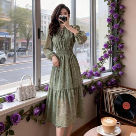 FA55130# 秋法式复古甜美荷叶领连衣裙灯笼袖松紧腰显瘦印花裙雪纺裙 服裝批發女裝批發服飾貨源