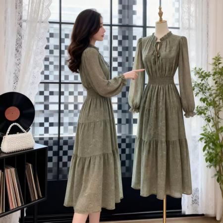 FA55130# 秋法式复古甜美荷叶领连衣裙灯笼袖松紧腰显瘦印花裙雪纺裙 服裝批發女裝批發服飾貨源