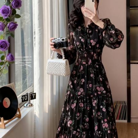 FA55131# 荷叶边碎花连衣裙度假风甜美边收腰长裙 服裝批發女裝批發服飾貨源