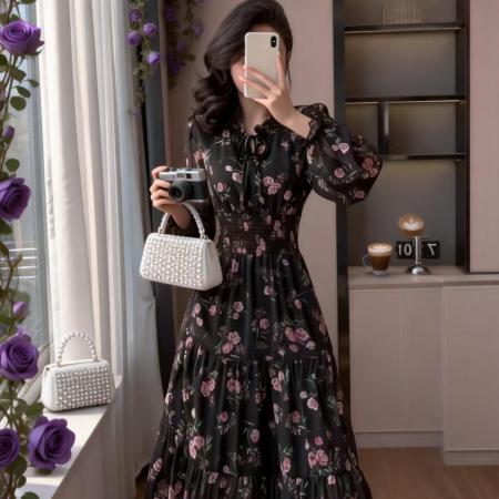 FA55131# 荷叶边碎花连衣裙度假风甜美边收腰长裙 服裝批發女裝批發服飾貨源