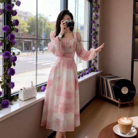 FA55132# 新款温柔法式少女公主风粉色印花长裙度假氛围感雪纺连衣裙 服裝批發女裝批發服飾貨源