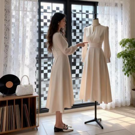 FA55133# 法式名媛时尚气质钉珠收腰长袖醋酸缎面连衣裙高级洋气少女晚礼服 服裝批發女裝批發服飾貨源