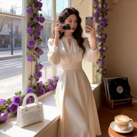 FA55133# 法式名媛时尚气质钉珠收腰长袖醋酸缎面连衣裙高级洋气少女晚礼服 服裝批發女裝批發服飾貨源