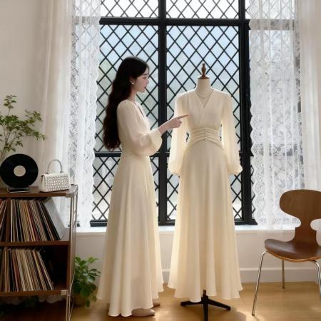 FA55134# 修身显瘦长袖秋冬装法式优雅V领雪纺长裙新款收腰大摆连衣裙 服裝批發女裝批發服飾貨源