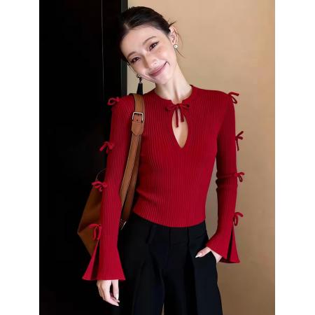 FA55135# 设计感小众精致巨好看红色长袖收腰显瘦上衣冬季新款时尚潮流 服裝批發女裝批發服飾貨源