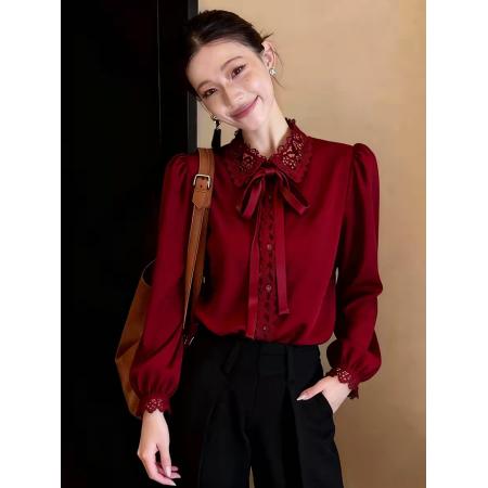 FA55136# 法式复古高级感蝴蝶结设计红色长袖上衣女春季新款显瘦穿搭潮 服裝批發女裝批發服飾貨源