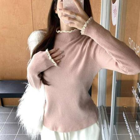 FA55138# 韩版小香风木耳边半高领长袖针织衫女秋冬气质内搭打底衫洋气上衣 服裝批發女裝批發服飾貨源