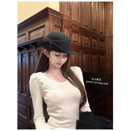 FA55141# 韩系纯欲气质蕾丝拼接T恤女春秋季修身显瘦内搭打底白色绝美上衣 服裝批發女裝批發服飾貨源