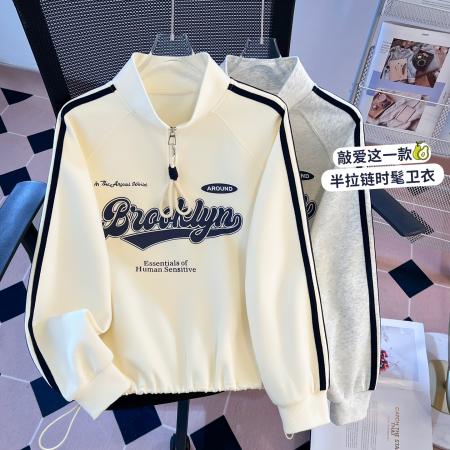 FA55142# 早春新半拉链立领设计感韩系宽松时尚百搭拉条连袖卫衣女 服裝批發女裝批發服飾貨源