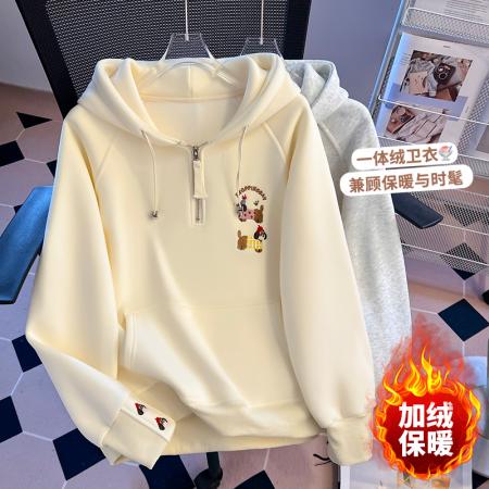 FA55144# 秋冬韩版慵懒风涂鸦公仔连帽重工刺绣半拉链抽绳时尚卫衣 服裝批發女裝批發服飾貨源