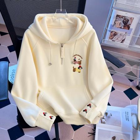 FA55144# 秋冬韩版慵懒风涂鸦公仔连帽重工刺绣半拉链抽绳时尚卫衣 服裝批發女裝批發服飾貨源