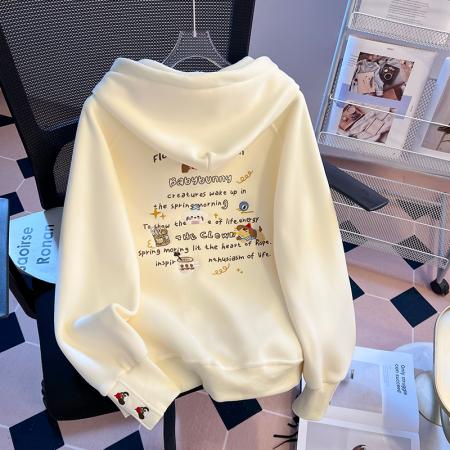 FA55144# 秋冬韩版慵懒风涂鸦公仔连帽重工刺绣半拉链抽绳时尚卫衣 服裝批發女裝批發服飾貨源