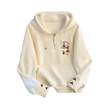 FA55144# 秋冬韩版慵懒风涂鸦公仔连帽重工刺绣半拉链抽绳时尚卫衣 服裝批發女裝批發服飾貨源