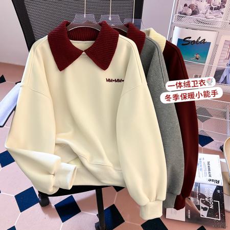 FA55145# 秋冬新款韩版慵懒宽松显瘦毛织拼色polo领加绒加厚卫衣女 服裝批發女裝批發服飾貨源
