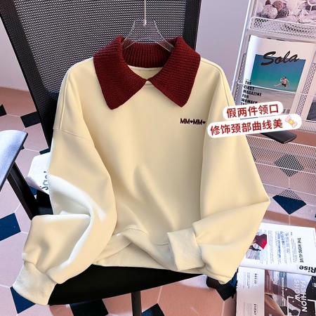 FA55145# 秋冬新款韩版慵懒宽松显瘦毛织拼色polo领加绒加厚卫衣女 服裝批發女裝批發服飾貨源