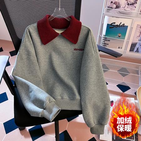 FA55145# 秋冬新款韩版慵懒宽松显瘦毛织拼色polo领加绒加厚卫衣女 服裝批發女裝批發服飾貨源