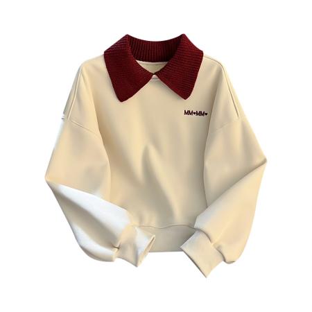 FA55145# 秋冬新款韩版慵懒宽松显瘦毛织拼色polo领加绒加厚卫衣女 服裝批發女裝批發服飾貨源