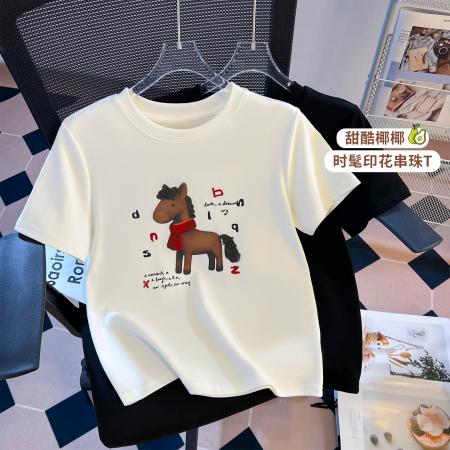FA55146# 春季新款加厚纯棉重工刺绣订珠围巾小马印花短袖T恤女 服裝批發女裝批發服飾貨源