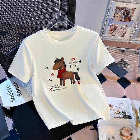 FA55146# 春季新款加厚纯棉重工刺绣订珠围巾小马印花短袖T恤女 服裝批發女裝批發服飾貨源