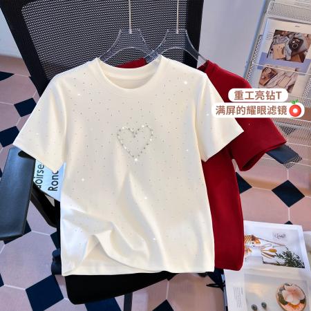 FA55147# 春季新款加厚纯棉重工穿珠爱心修身时尚短袖T恤女 服裝批發女裝批發服飾貨源