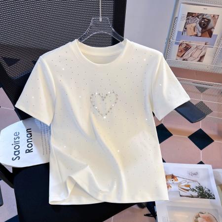 FA55147# 春季新款加厚纯棉重工穿珠爱心修身时尚短袖T恤女 服裝批發女裝批發服飾貨源