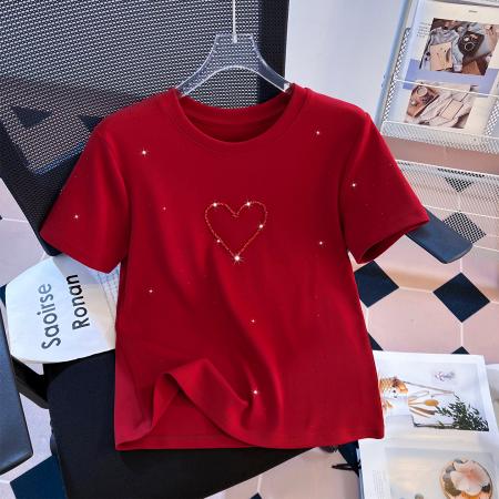 FA55147# 春季新款加厚纯棉重工穿珠爱心修身时尚短袖T恤女 服裝批發女裝批發服飾貨源