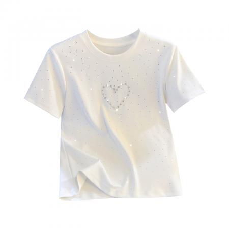 FA55147# 春季新款加厚纯棉重工穿珠爱心修身时尚短袖T恤女 服裝批發女裝批發服飾貨源