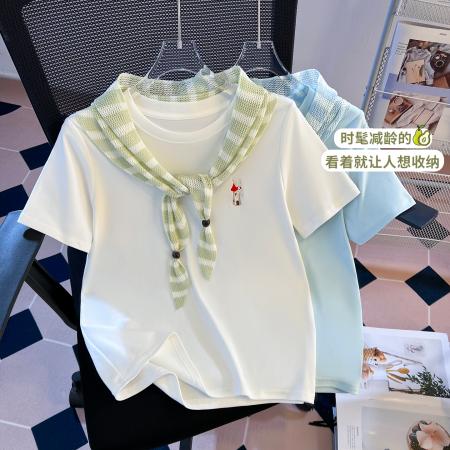 FA55148# 春季新款加厚纯棉重工勾花条纹皮肩修身时尚短袖T恤女 服裝批發女裝批發服飾貨源