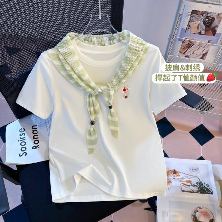 FA55148# 春季新款加厚纯棉重工勾花条纹皮肩修身时尚短袖T恤女 服裝批發女裝批發服飾貨源