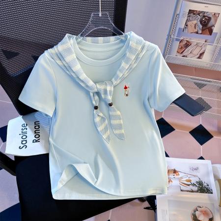 FA55148# 春季新款加厚纯棉重工勾花条纹皮肩修身时尚短袖T恤女 服裝批發女裝批發服飾貨源