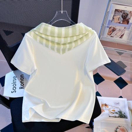 FA55148# 春季新款加厚纯棉重工勾花条纹皮肩修身时尚短袖T恤女 服裝批發女裝批發服飾貨源