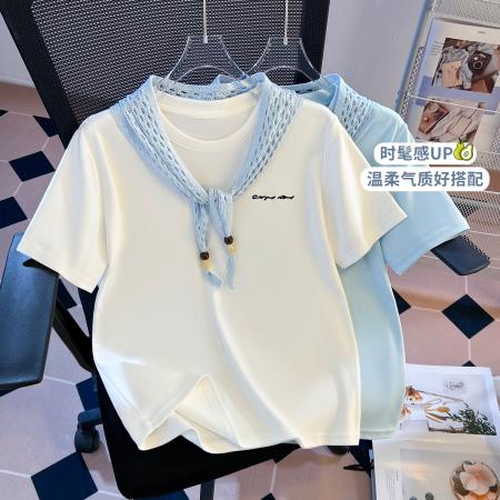 FA55149# 春季新款加厚纯棉重工勾花穿珠披肩修身时尚短袖T恤女 服裝批發女裝批發服飾貨源