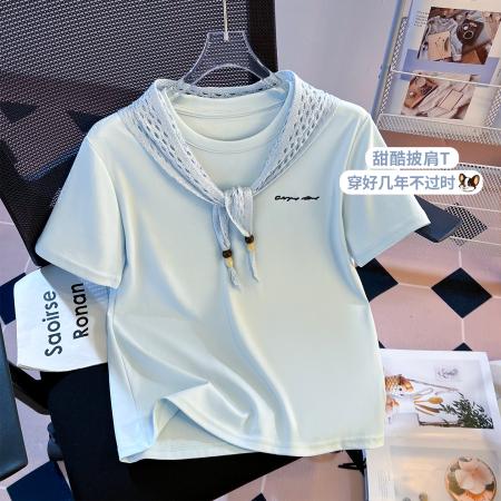 FA55149# 春季新款加厚纯棉重工勾花穿珠披肩修身时尚短袖T恤女 服裝批發女裝批發服飾貨源