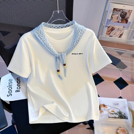 FA55149# 春季新款加厚纯棉重工勾花穿珠披肩修身时尚短袖T恤女 服裝批發女裝批發服飾貨源