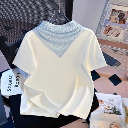 FA55149# 春季新款加厚纯棉重工勾花穿珠披肩修身时尚短袖T恤女 服裝批發女裝批發服飾貨源