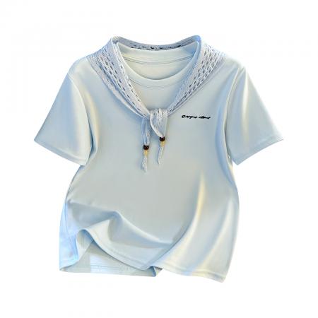 FA55149# 春季新款加厚纯棉重工勾花穿珠披肩修身时尚短袖T恤女 服裝批發女裝批發服飾貨源