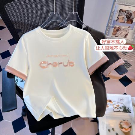 FA55150# 春新款加厚纯棉重工刺绣穿珠借肩修身时尚时尚短袖T恤女 服裝批發女裝批發服飾貨源