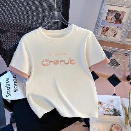 FA55150# 春新款加厚纯棉重工刺绣穿珠借肩修身时尚时尚短袖T恤女 服裝批發女裝批發服飾貨源